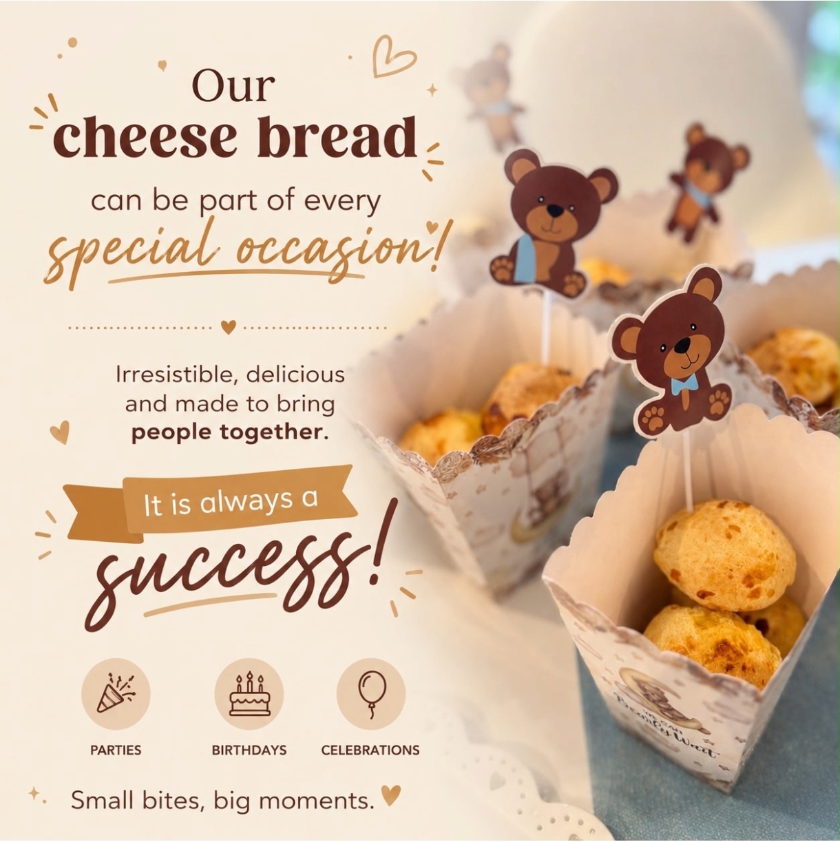Cheese bread served in party cups with bear decorations