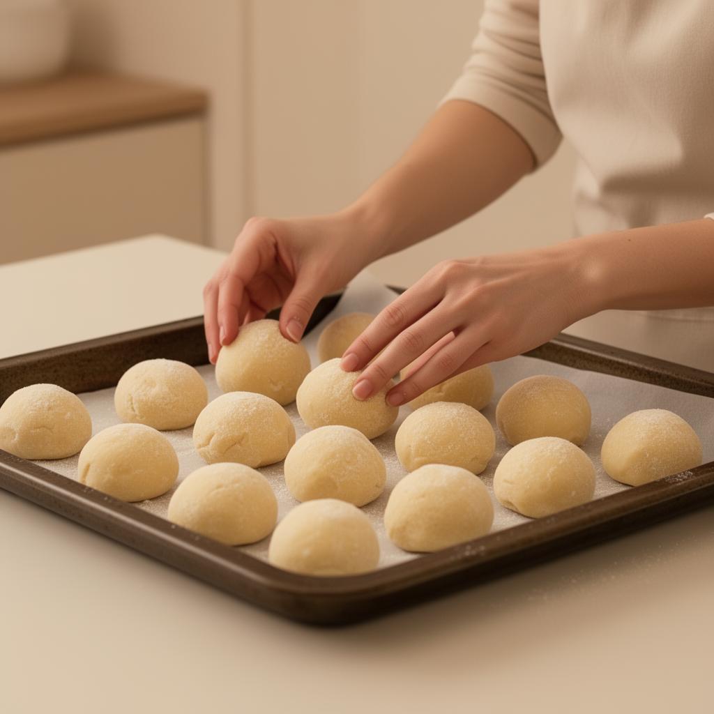 Hands placing dough balls on a baking tray
