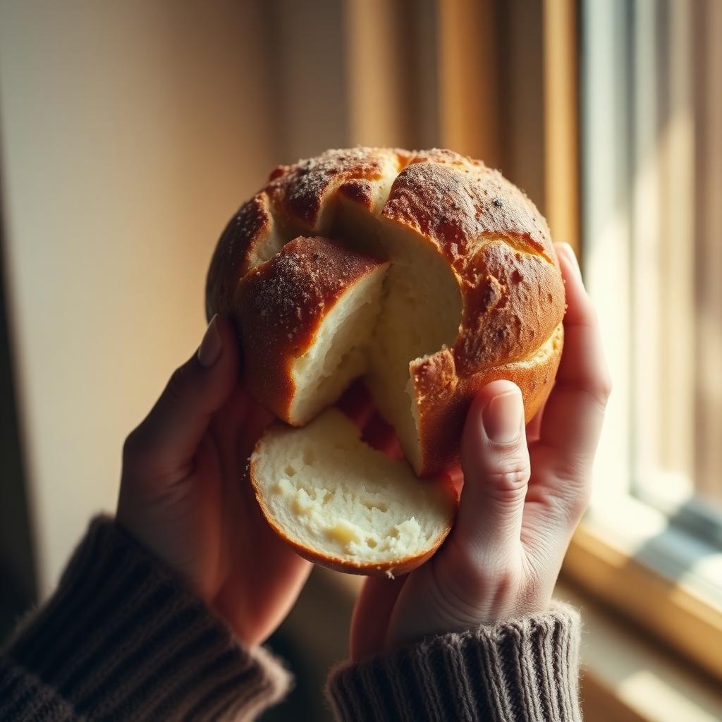 Hands holding a warm cheese bread